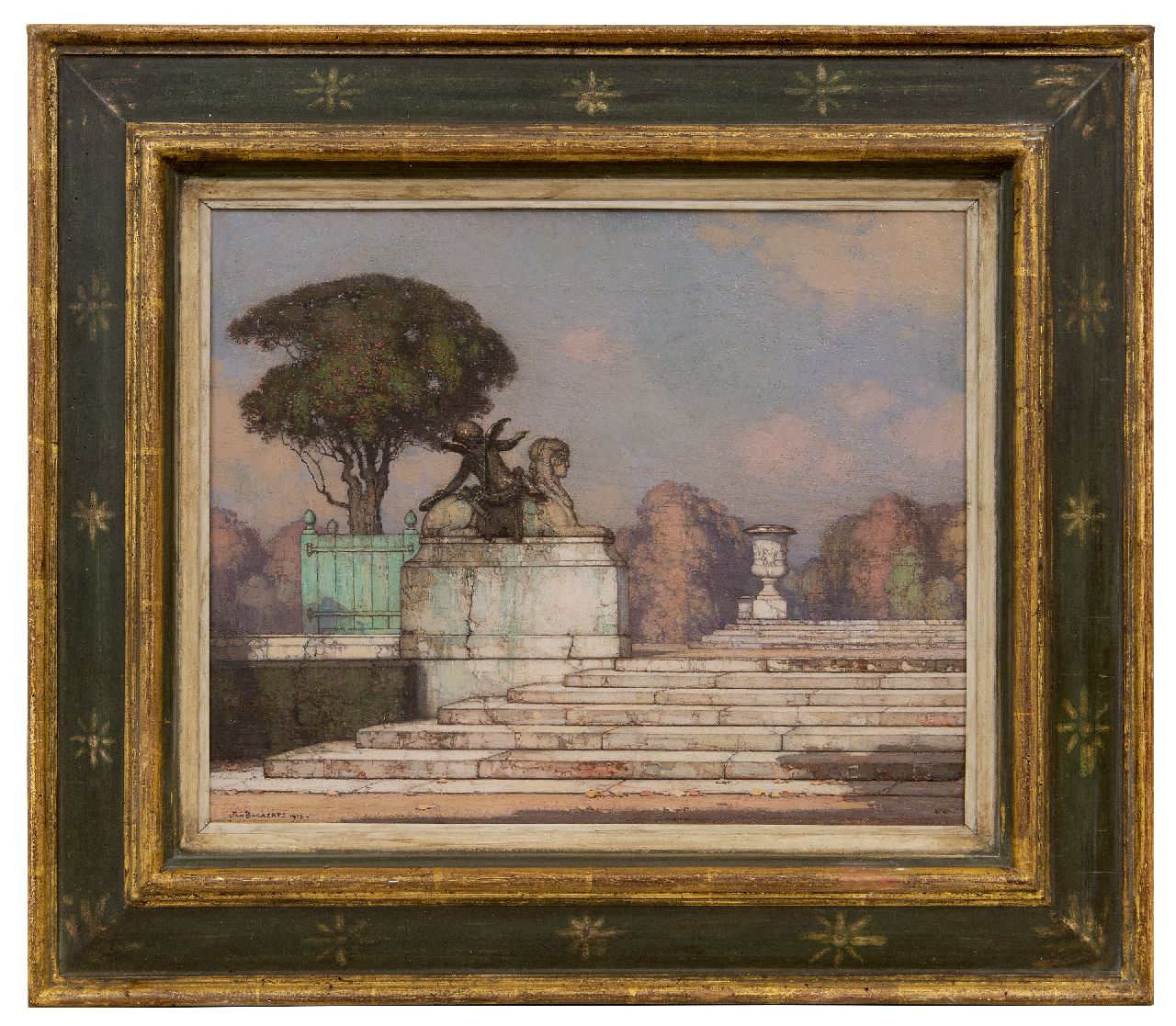 Bogaerts J.J.M. | Johannes Jacobus Maria 'Jan' Bogaerts, Het beeld van een sfinx en Cupido in het park van Versailles, olieverf op doek 32,5 x 39,7 cm, gesigneerd linksonder en gedateerd 1915 Bogaerts J.J.M. | Johannes Jacobus Maria 'Jan' Bogaerts, Het beeld van een sfinx en Cupido in het park van Versailles, olieverf op doek 32,5 x 39,7 cm, gesigneerd linksonder en gedateerd 1915