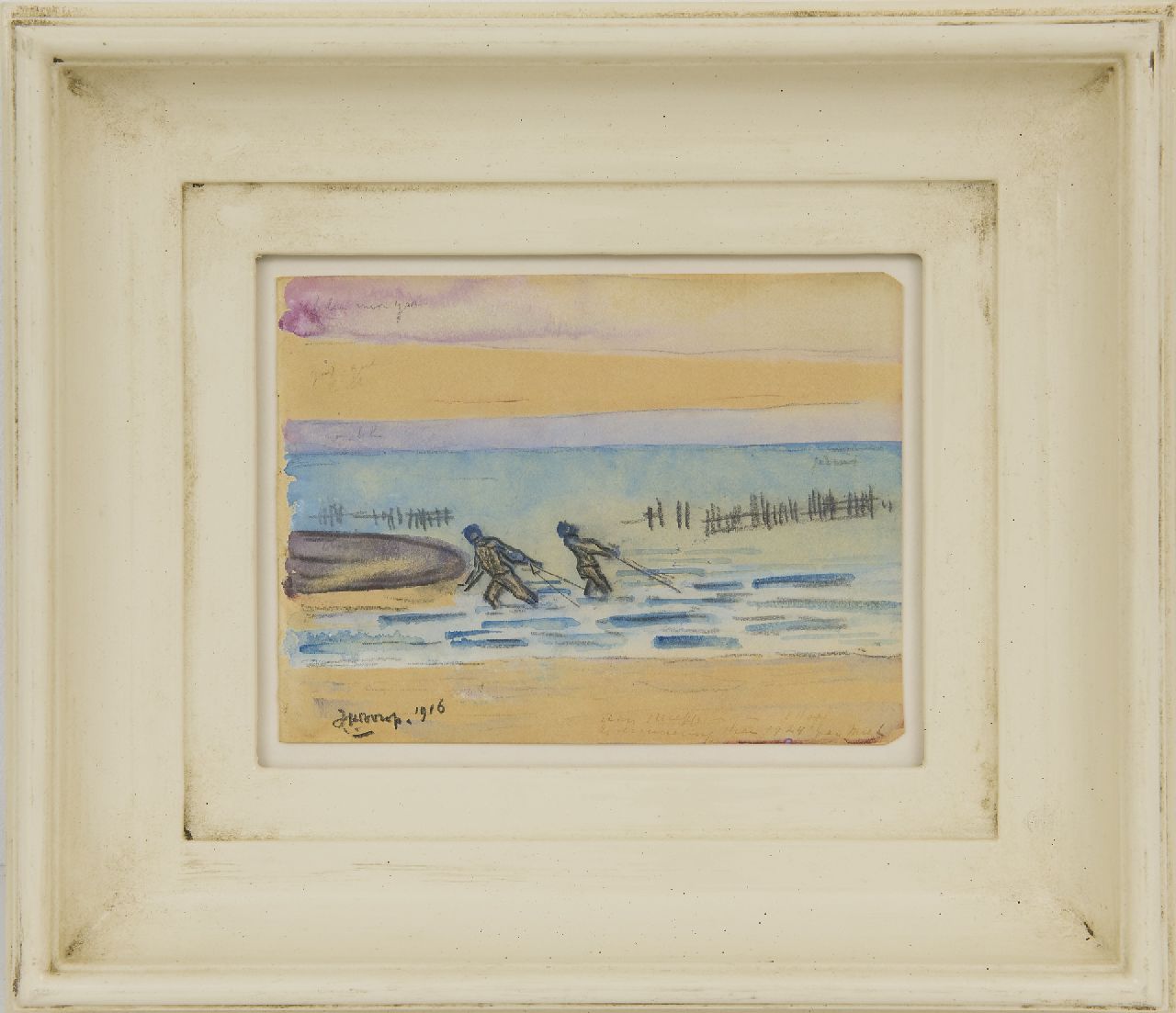 Toorop J.Th. | Johannes Theodorus 'Jan' Toorop | Aquarellen en tekeningen te koop aangeboden | Zeeuwse garnalenvissers, zwart krijt en aquarel op papier 11,4 x 15,1 cm, gesigneerd linksonder en gedateerd 1916 Toorop J.Th. | Johannes Theodorus 'Jan' Toorop | Aquarellen en tekeningen te koop aangeboden | Zeeuwse garnalenvissers, zwart krijt en aquarel op papier 11,4 x 15,1 cm, gesigneerd linksonder en gedateerd 1916