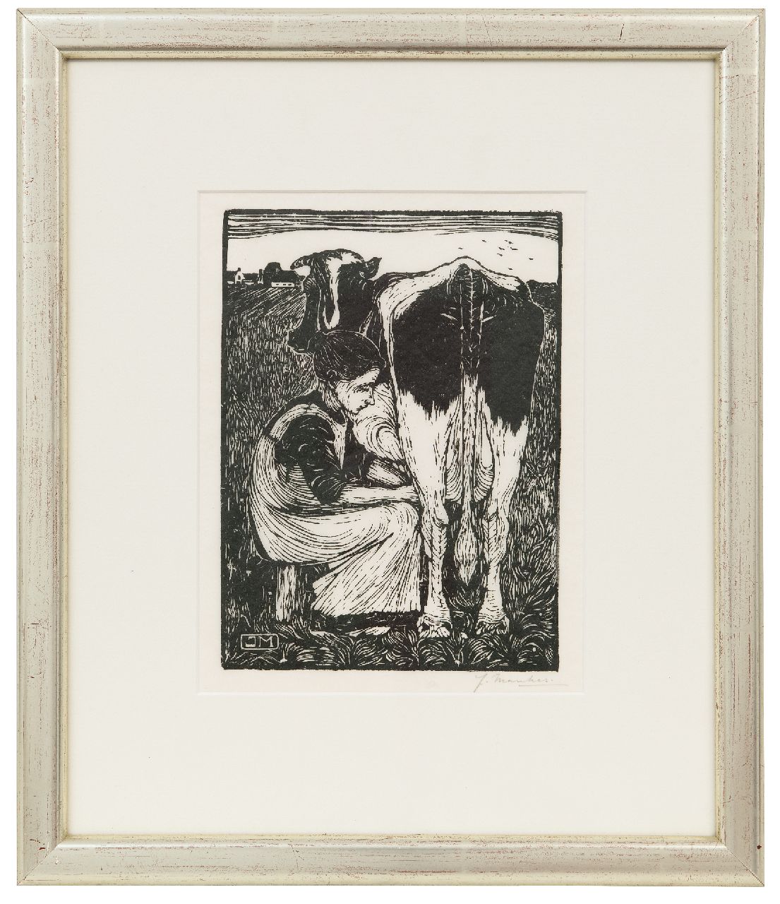 Mankes J. | Jan Mankes, Koemelkster, houtsnede op papier 20,5 x 16,2 cm, gesigneerd rechtsonder voluit (in potlood) en met mon. in het blok Mankes J. | Jan Mankes, Koemelkster, houtsnede op papier 20,5 x 16,2 cm, gesigneerd rechtsonder voluit (in potlood) en met mon. in het blok