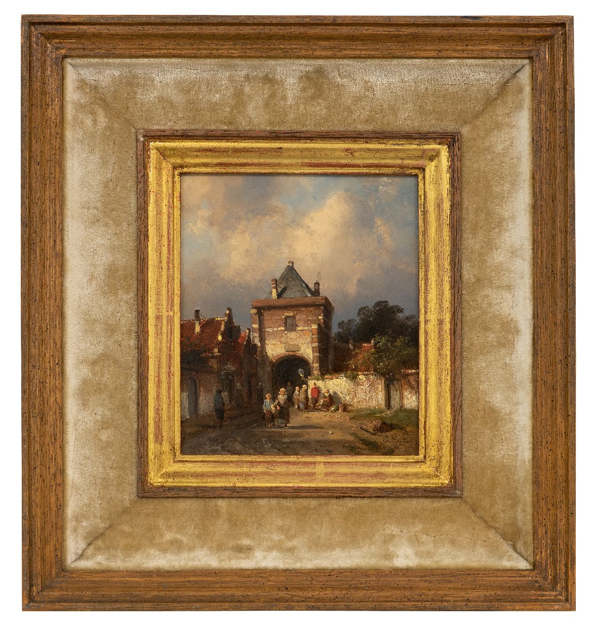 Leickert C.H.J. | 'Charles' Henri Joseph Leickert | Schilderijen te koop aangeboden | Hollandse stadspoort met figuren bij een groenteverkoopster, olieverf op paneel 16,3 x 13,8 cm, gesigneerd rechtsonder en ca. 1855 Leickert C.H.J. | 'Charles' Henri Joseph Leickert | Schilderijen te koop aangeboden | Hollandse stadspoort met figuren bij een groenteverkoopster, olieverf op paneel 16,3 x 13,8 cm, gesigneerd rechtsonder en ca. 1855