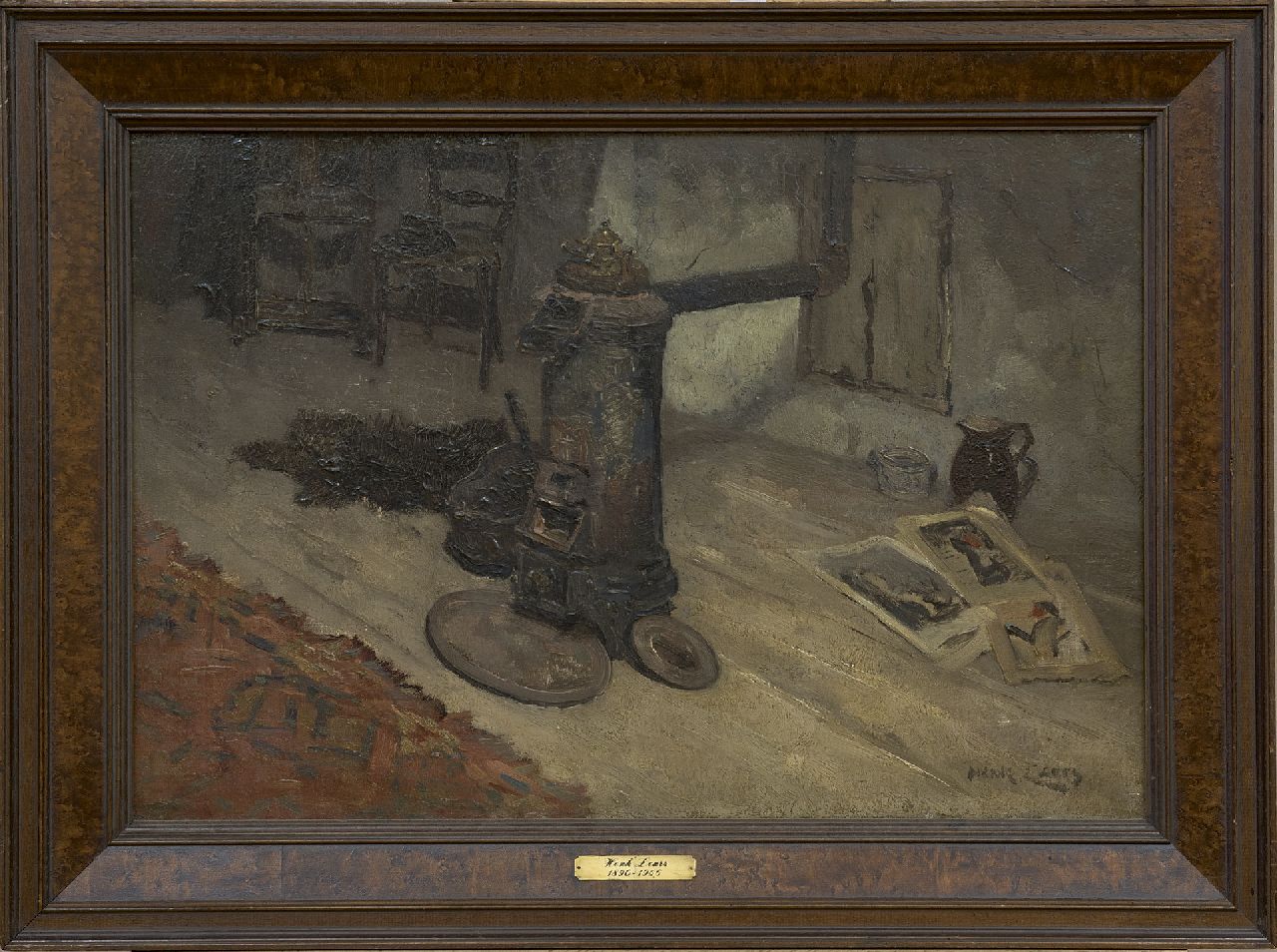 Leurs H.J.  | Hendrik Johannes 'Henk' Leurs | Schilderijen te koop aangeboden | Interieur met potkachel, olieverf op doek 40,6 x 60,5 cm, gesigneerd rechtsonder