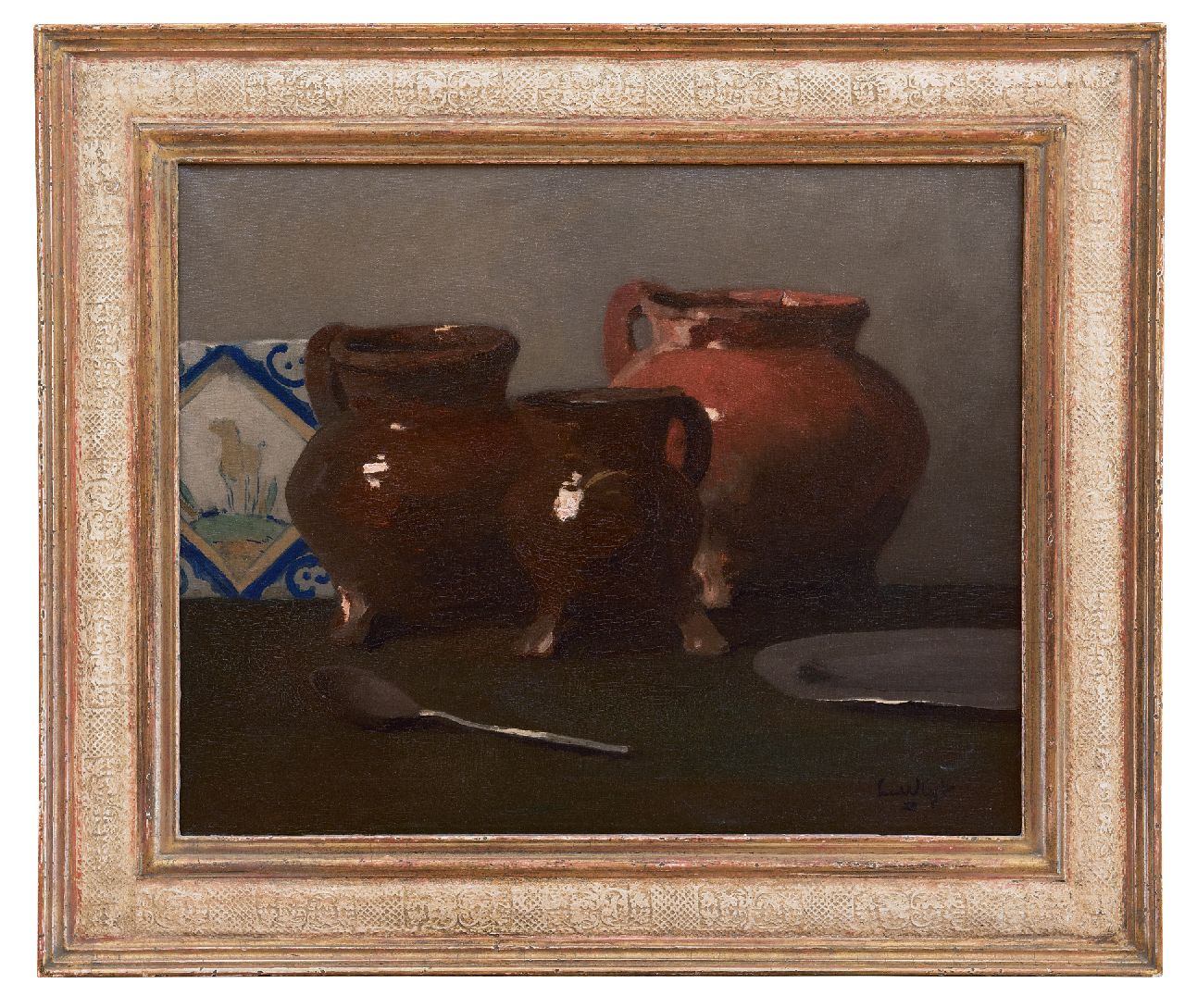 Vlist L. van der | Leendert van der Vlist | Schilderijen te koop aangeboden | Stilleven met loodglazuur potten, olieverf op doek 40,2 x 50,2 cm, gesigneerd rechtsonder