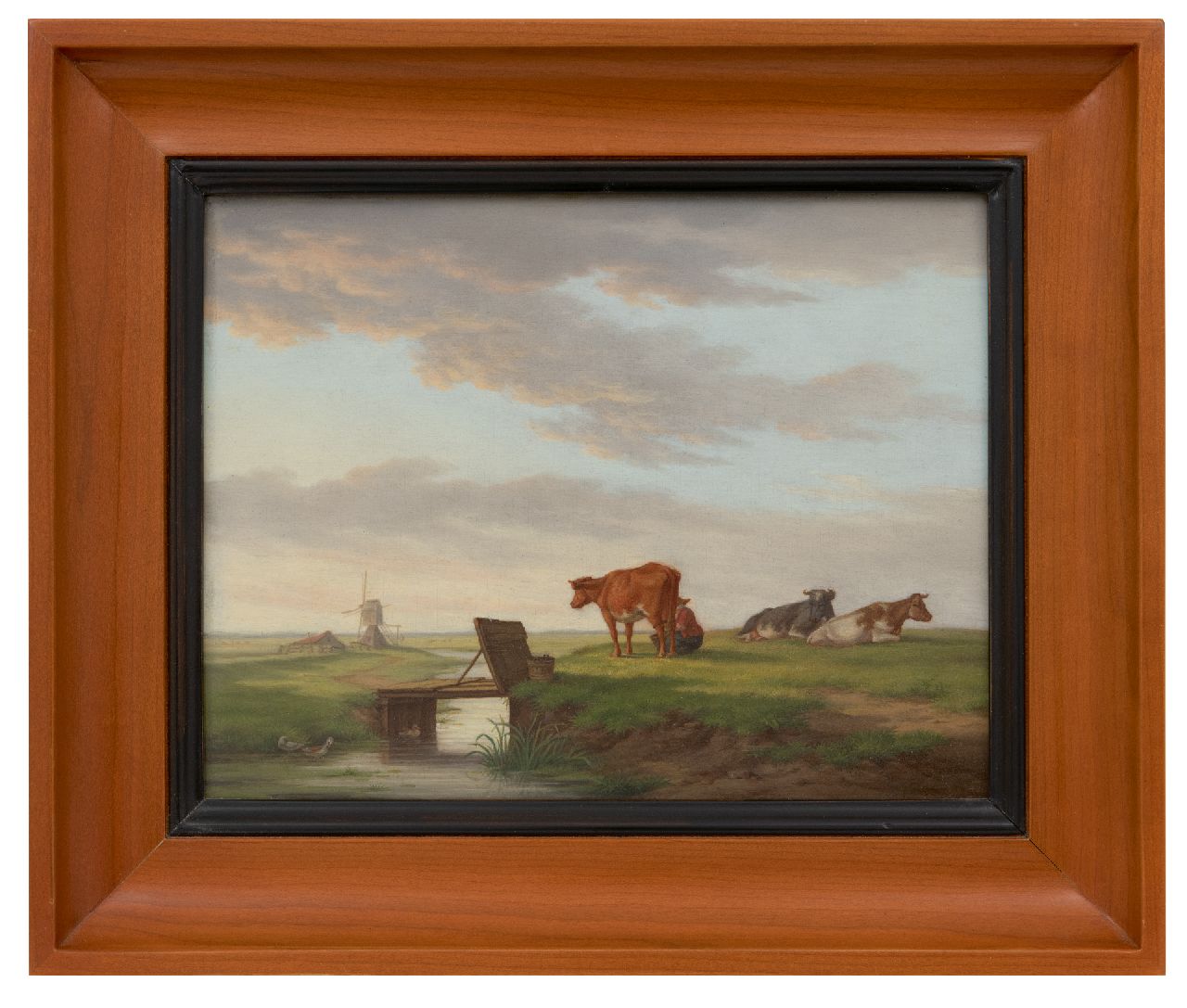 Burgh H.A. van der | Hendrik Adam van der Burgh | Schilderijen te koop aangeboden | Koeien in een landschap met molen, olieverf op paneel 20,4 x 26,3 cm, gesigneerd rechtsonder en gedateerd 1821