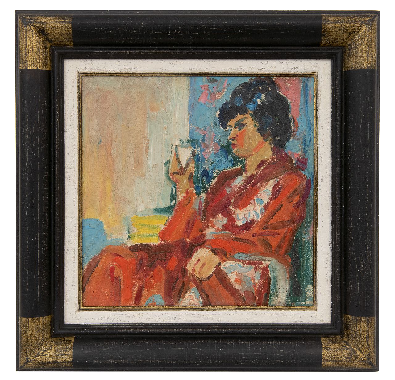 Dijkstra J.  | Johannes 'Johan' Dijkstra | Schilderijen te koop aangeboden | Modieuze vrouw in stoel, wasverf op doek 25,2 x 25,2 cm, eind jaren '20