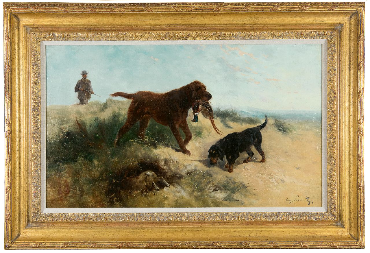 Schouten H.  | Henry Schouten | Schilderijen te koop aangeboden | Jager met honden in de duinen, olieverf op doek 43,0 x 72,9 cm, gesigneerd rechtsonder