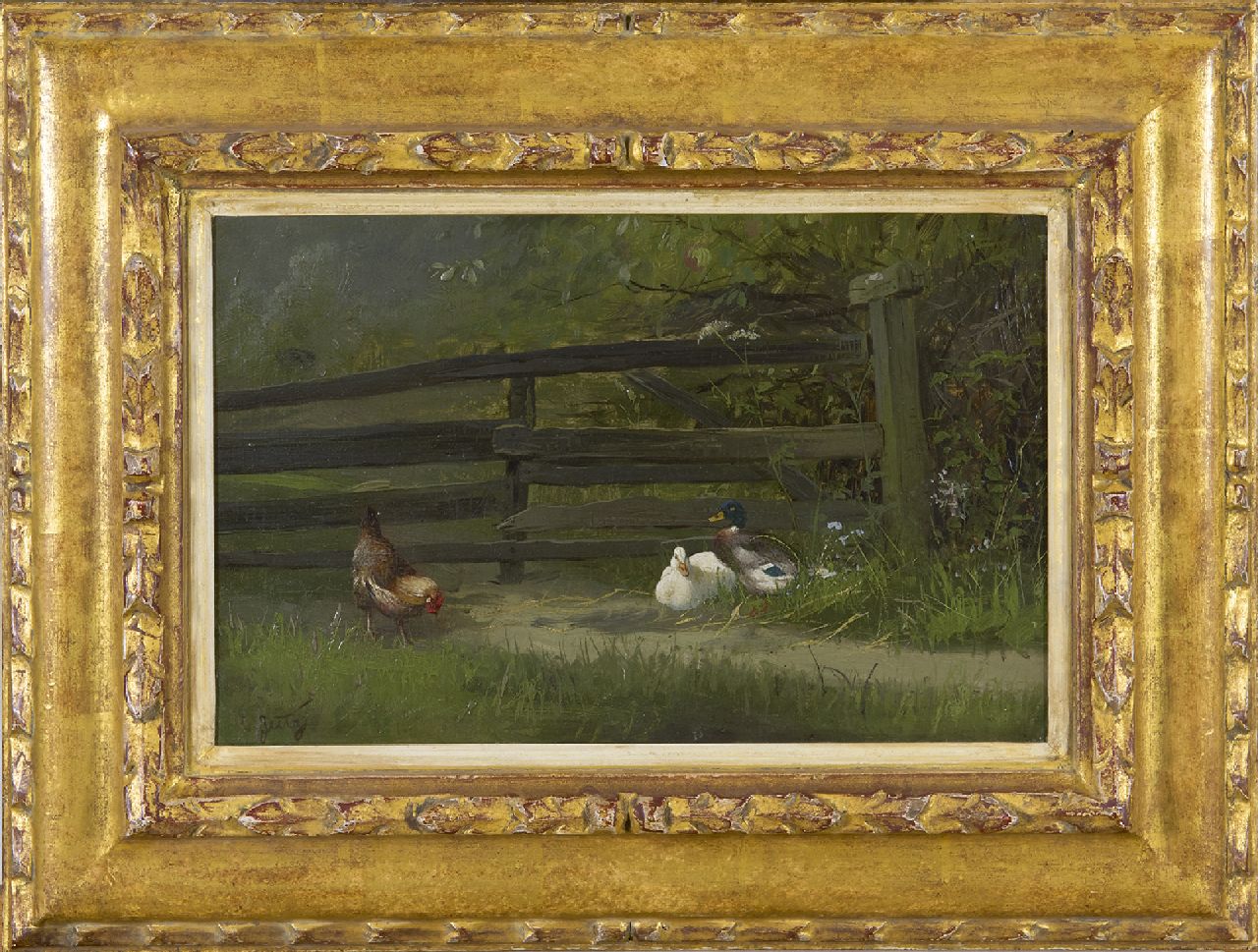 Jutz C.  | Carl Jutz | Schilderijen te koop aangeboden | Kip en eenden bij een tuinhek, olieverf op papier op paneel 21,6 x 32,1 cm, gesigneerd linksonder