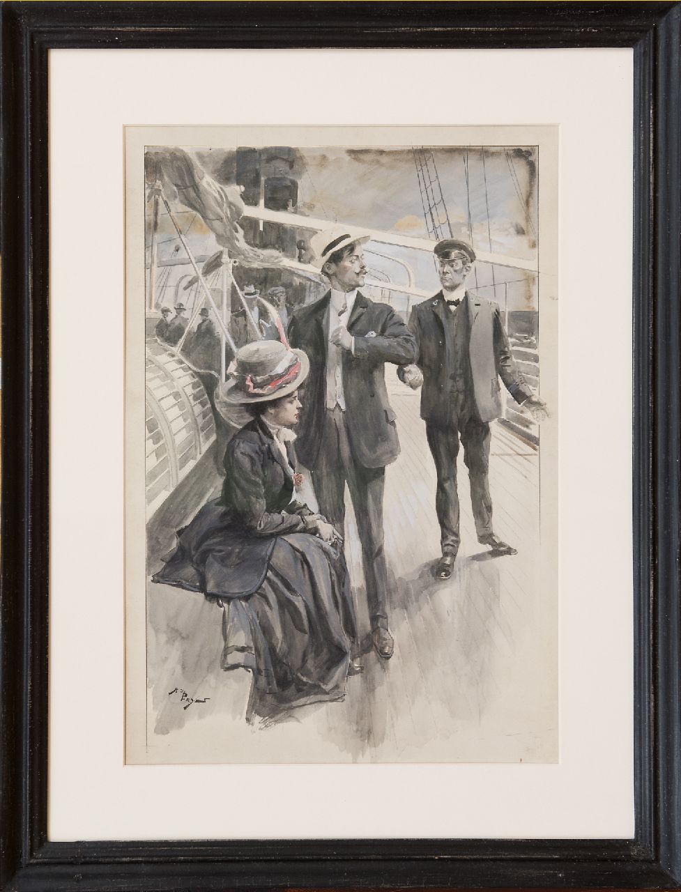 Parys A. de | A. de Parys | Aquarellen en tekeningen te koop aangeboden | Elegant gezelschap op het scheepsdek, aquarel op schildersboard 47,5 x 30,0 cm, gesigneerd linksonder en te dateren eind jaren 20