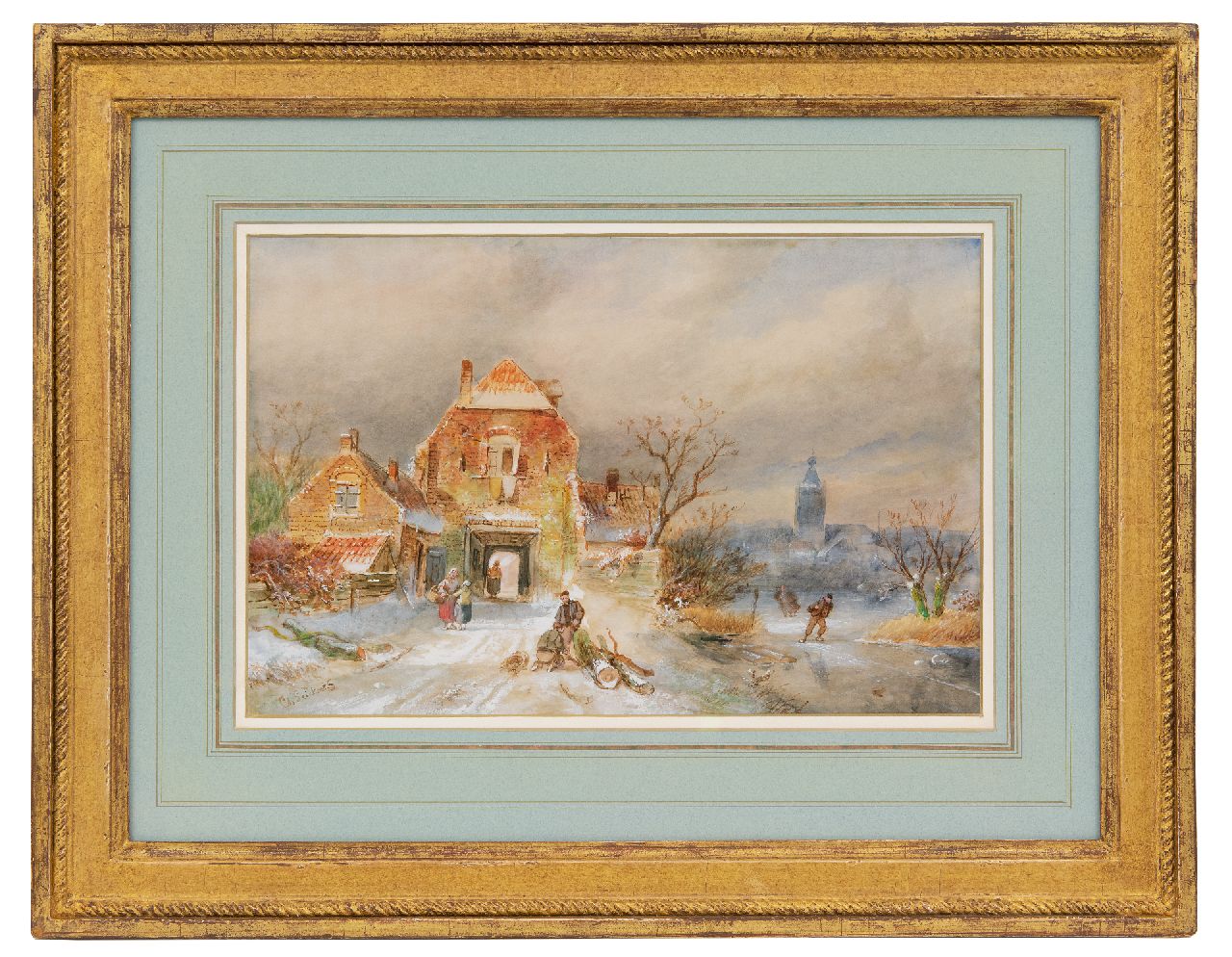 Leickert C.H.J.  | 'Charles' Henri Joseph Leickert, Winters dorpsgezicht met schaatsers, aquarel op papier 23,1 x 34,8 cm, gesigneerd linksonder