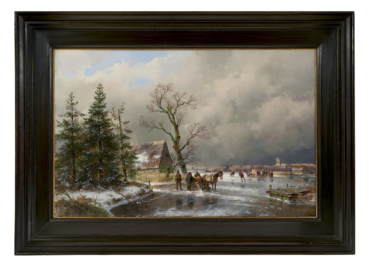 Schelfhout A.  | Andreas Schelfhout, Schaatsvolk en trekslede op een bevroren vaart, olieverf op paneel 52,2 x 83,0 cm, gesigneerd rechtsonder en gedateerd 1869