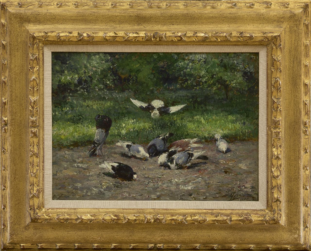 Joors E.  | Eugeen Joors, Duiven in het park, olieverf op paneel 24,0 x 32,5 cm, gesigneerd rechtsonder en gedateerd 1895