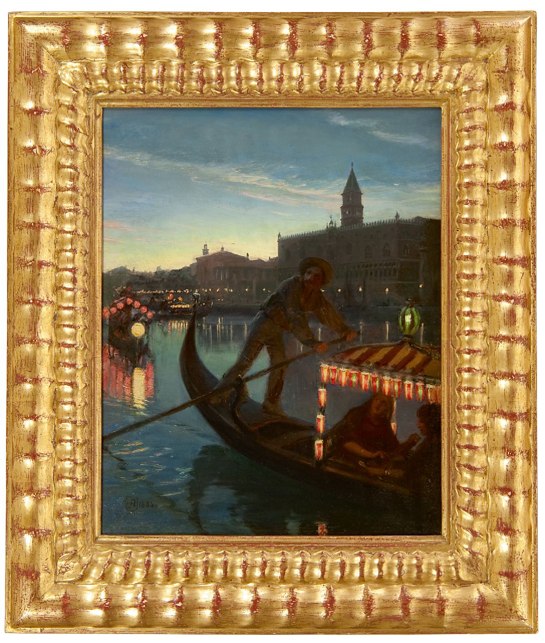 Jerndorff A.A.  | August Andreas Jerndorff | Schilderijen te koop aangeboden | Gondola voor het Dogepaleis in Venetië, bij avond, olieverf op doek 41,0 x 33,0 cm, gesigneerd linksonder met monogram en gedateerd 1886
