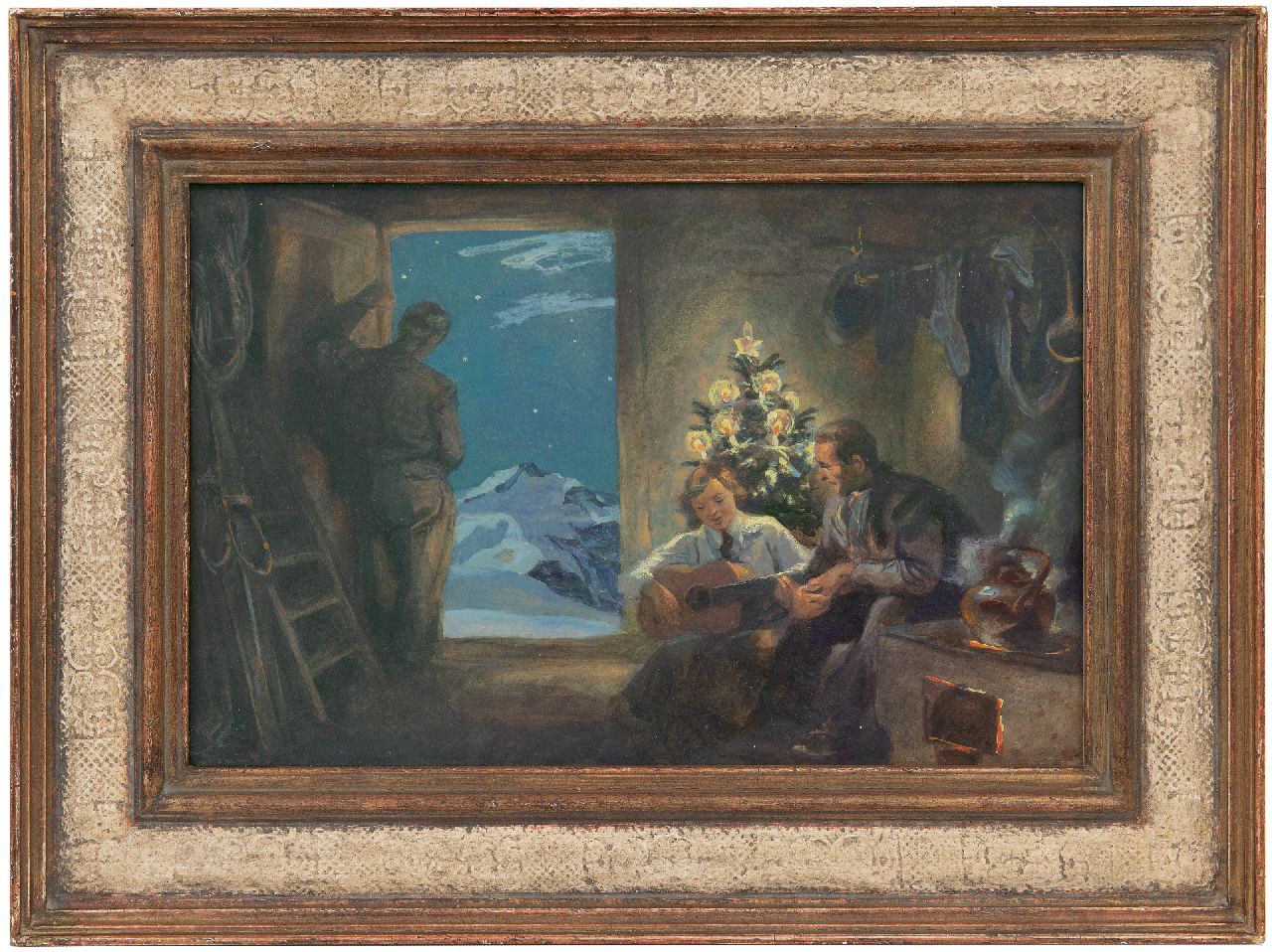 Traub G.  | Gustav Traub | Schilderijen te koop aangeboden | Kerstavond hoog in de Alpen, olieverf op papier 28,2 x 41,7 cm, gesigneerd linksonder