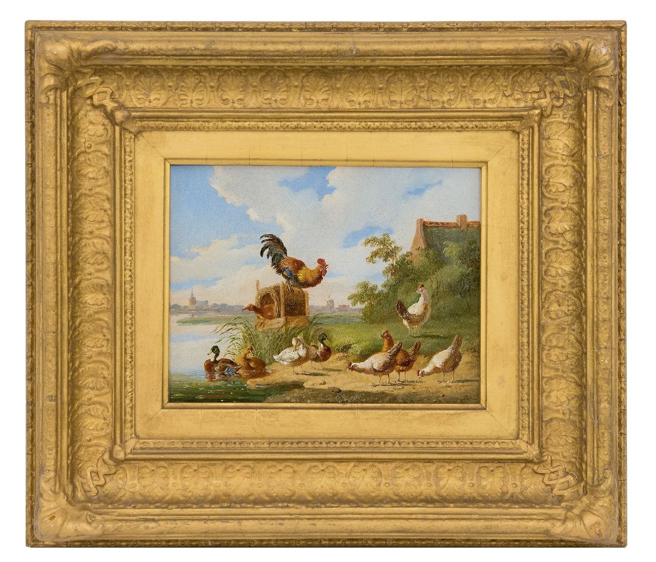 Verhoesen A.  | Albertus Verhoesen, Haan, kippen en eenden op een Hollandse rivieroever, olieverf op paneel 14,7 x 18,7 cm, gesigneerd middenonder en gedateerd 1870