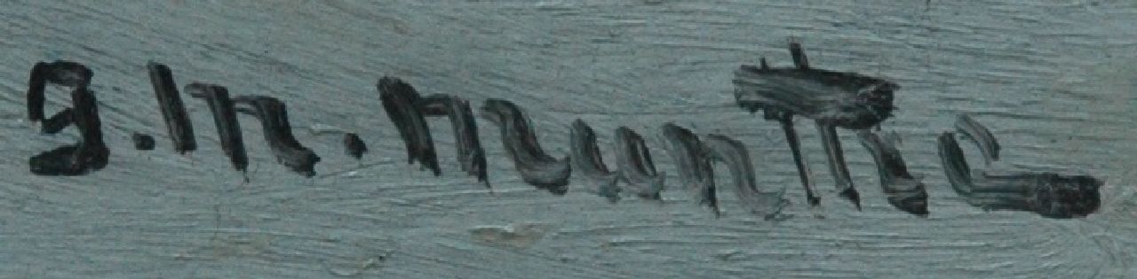 Morgenstjerne Munthe signaturen Zeegezicht met aankomende bomschuit, Katwijk