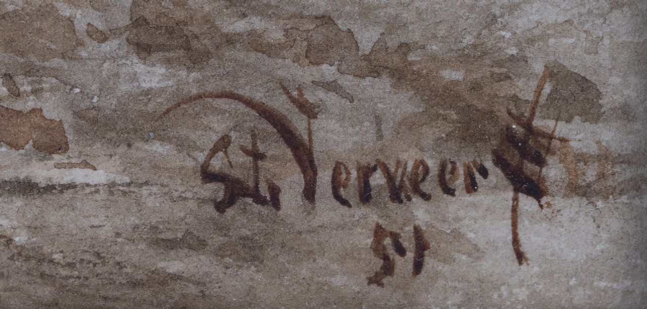 Salomon Verveer signaturen Stadsgezicht met klokkentoren in de verte