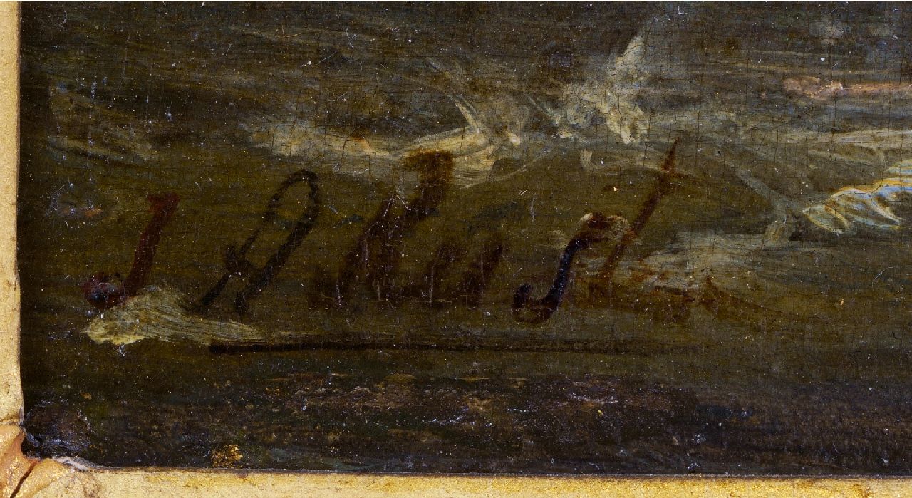 Johan Rust signaturen Pinken voor anker op het strand
