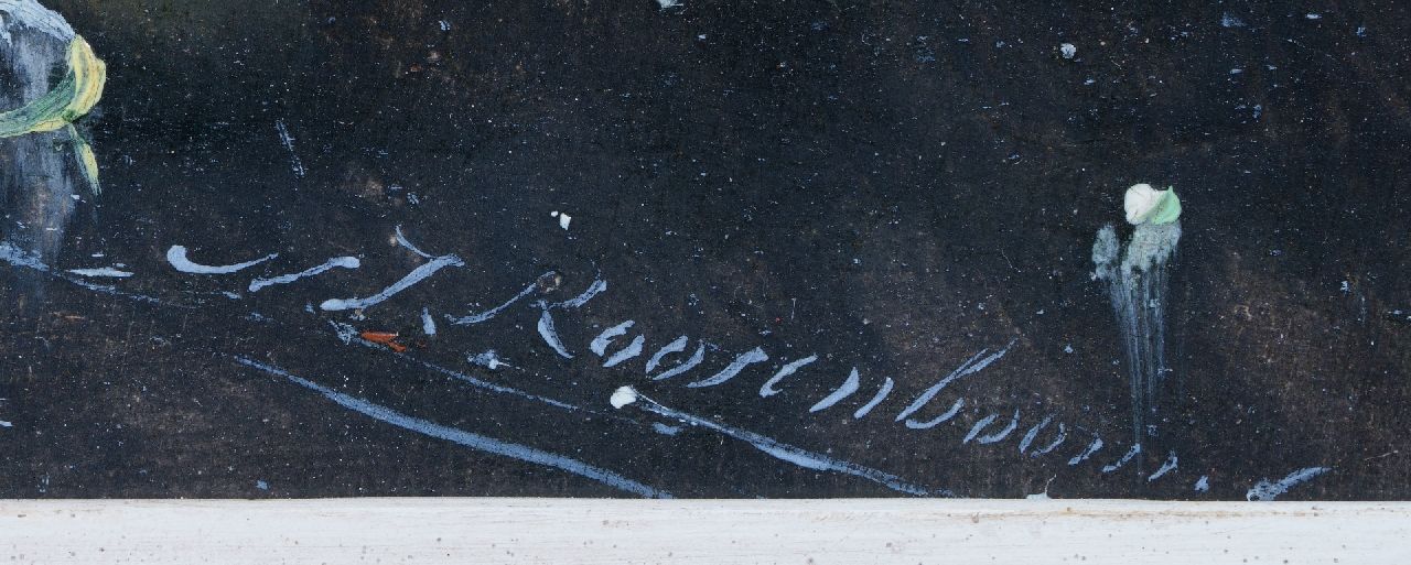 Nicolaas Roosenboom signaturen Schaatsers op een bevroren rivier met een stad in de verte