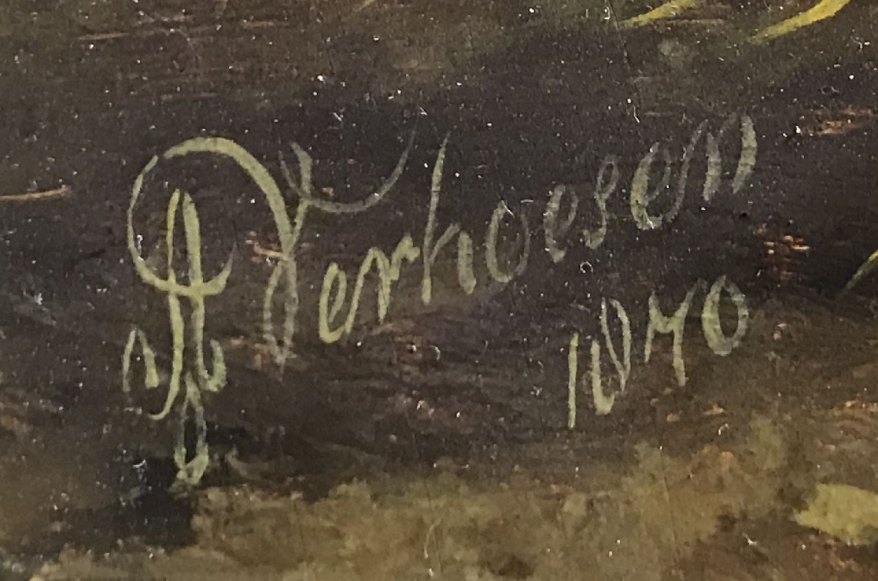 Albertus Verhoesen signaturen Kalkoenen en pluimvee in een landschap
