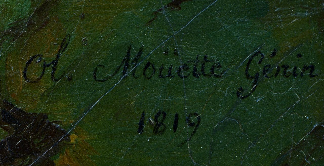 Olympe Mouette Génin signaturen Stilleven met druiven, een vogelnestje en een puttertje