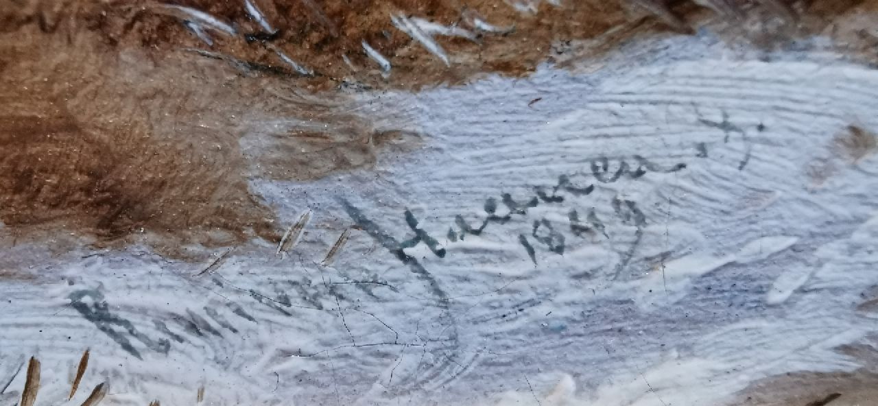 Remigius Adrianus Haanen signaturen Winterlandschap met landvolk op een pad