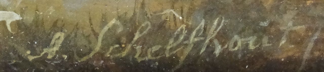 Andreas Schelfhout signaturen Winterlandschap met schaatsers en een wasvrouw bij een ijsgat