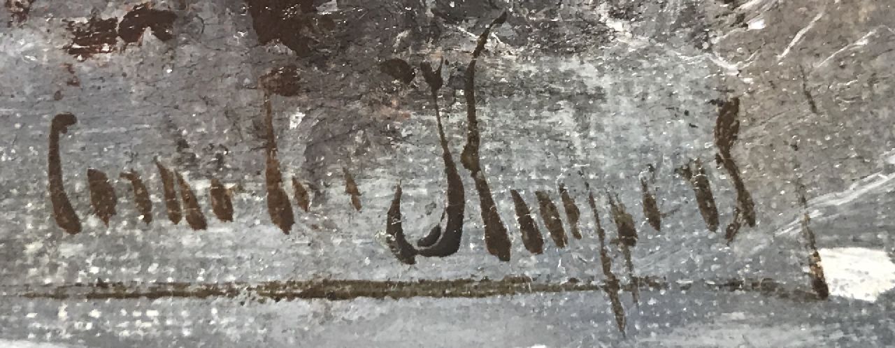 Cornelis Kuijpers signaturen Bevroren vaart met schaatsers bij naderende sneeuwbui