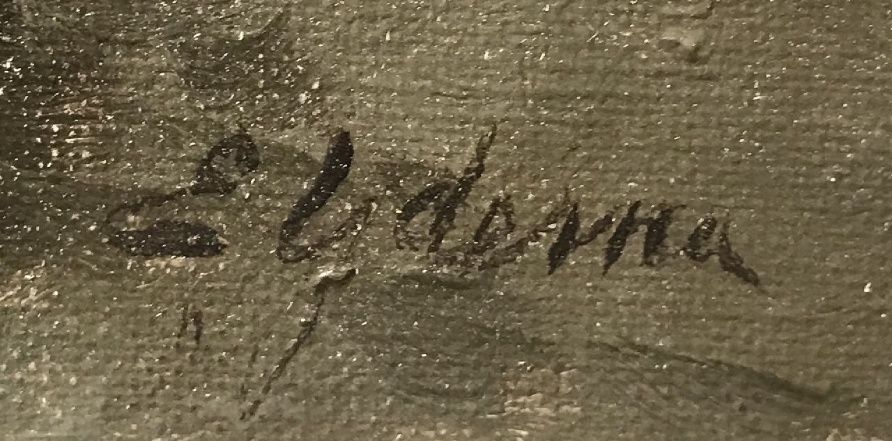 Egnatius Ydema signaturen Twee tjalken varend bij tegenlicht, bij Eernewoude