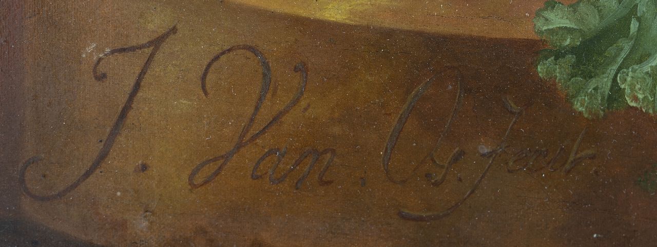 Jan van Os signaturen Stilleven met bloemen, vruchten en een vogelnestje op marmeren plint