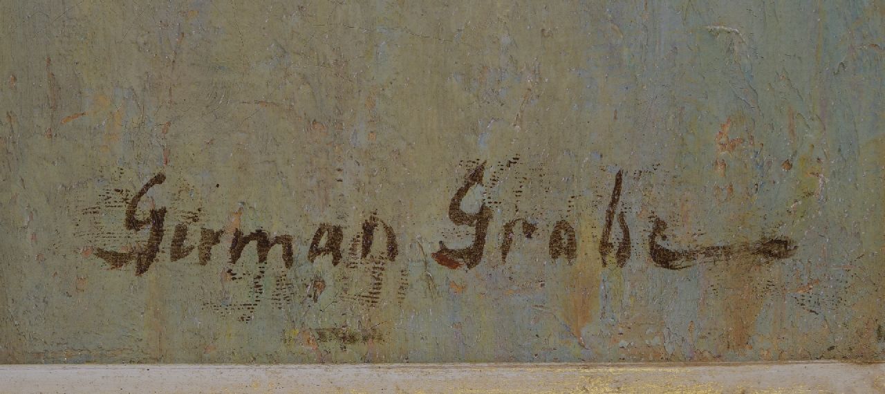 German Grobe signaturen Molen aan de stadsrand met haven en zeilboot