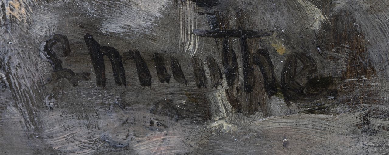 Ludwig Munthe signaturen Besneeuwde weg met figuren bij lamplicht