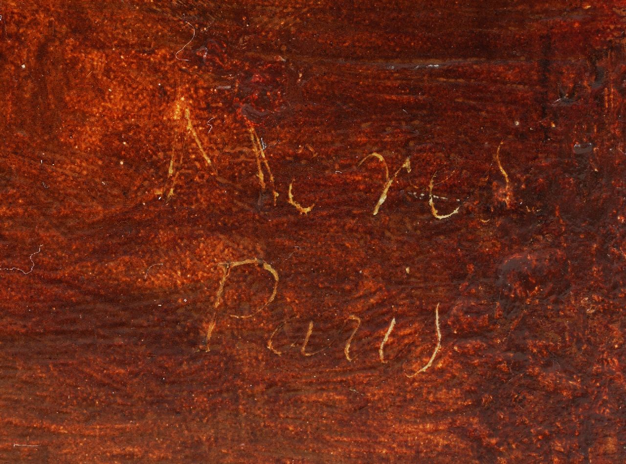 Hollandse Romantische School signaturen Stilleven met rozen in koperen beker en fruit