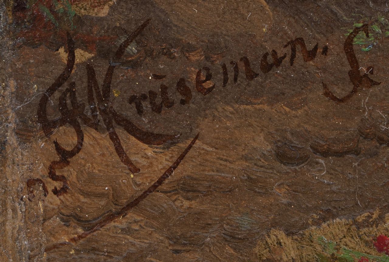 Frederik Marinus Kruseman signaturen Zomerlandschap met rustend landvolk en vee bij een rivier
