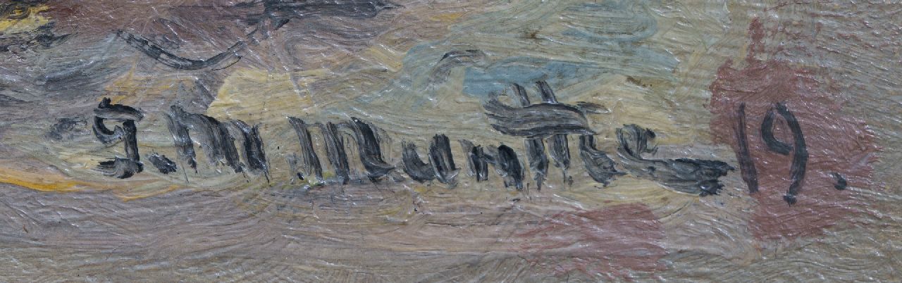 Morgenstjerne Munthe signaturen Strandgezicht met vissers en bomschuit bij avondschemer