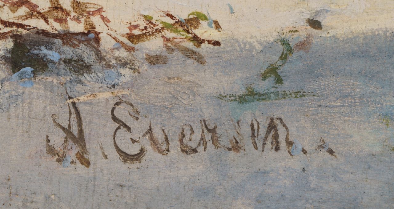 Adrianus Eversen signaturen Besneeuwd stadsgezicht met figuren  (verkoop alleen samen met zomers pendant, tezamen)