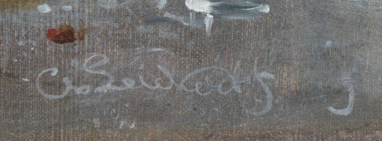 Charles Leickert signaturen IJsgezicht met schaatsers, paardenslee en molen