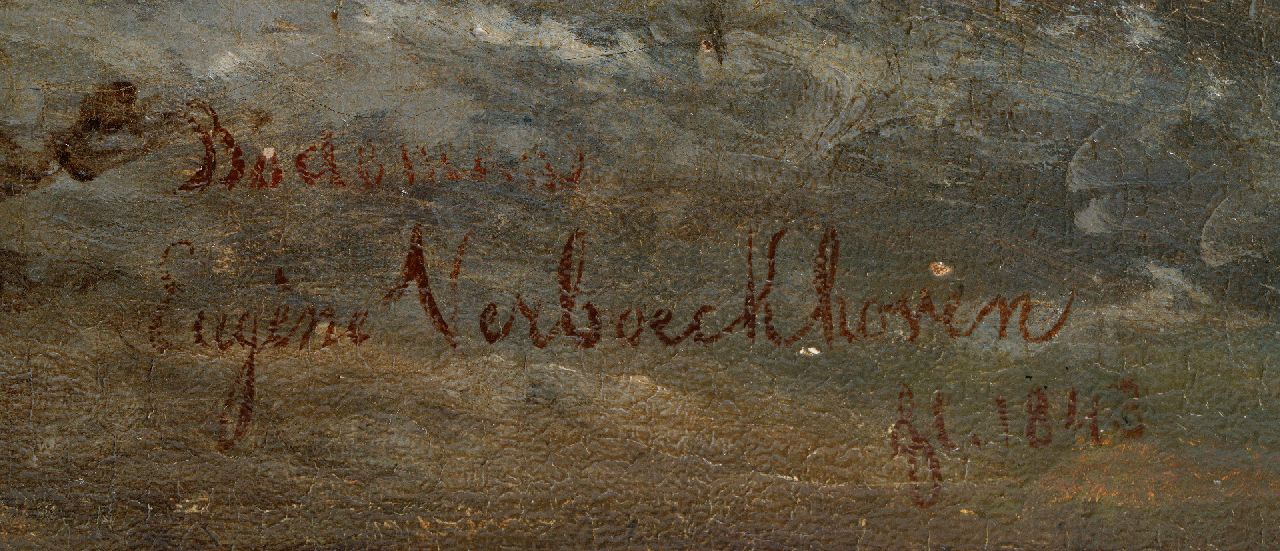 Willem Bodeman & Eugène Verboeckhoven signaturen Boslandschap met koeien bij een rivier