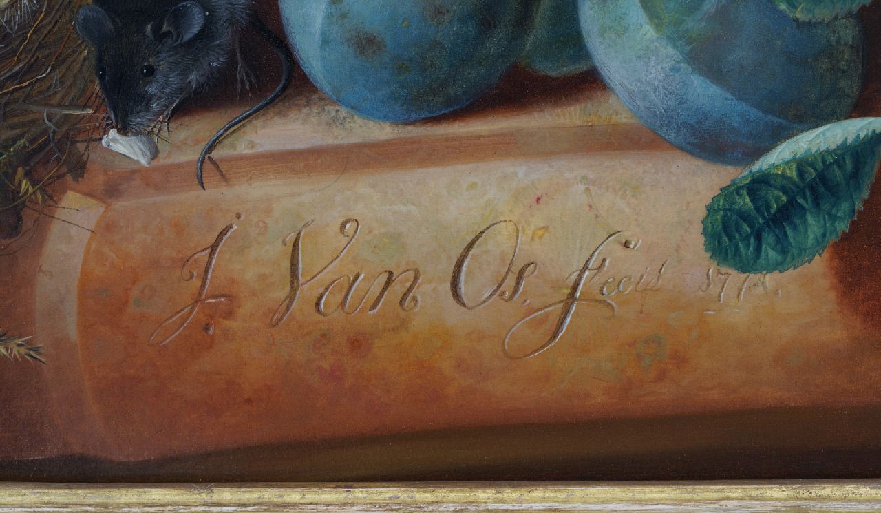 Jan van Os signaturen Bloemstilleven met fruit, een muis en vogelnest