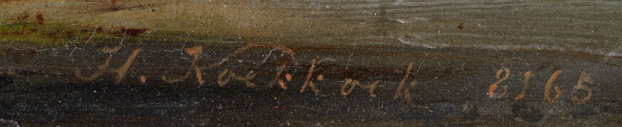 Hermanus Koekkoek signaturen Kalme rivierarm met afgemeerde schepen en hooi ladende figuren
