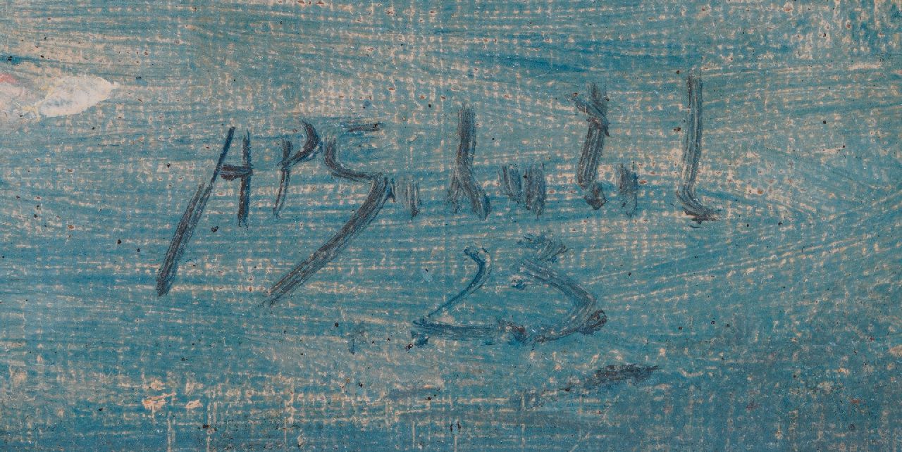 A.P. Schotel signaturen Havengezicht met afgemeerde tjalk