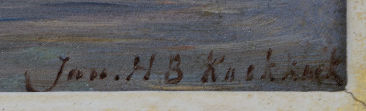 Jan H.B. Koekkoek signaturen Platbodem op het water nabij het Muiderslot bij vallende avond