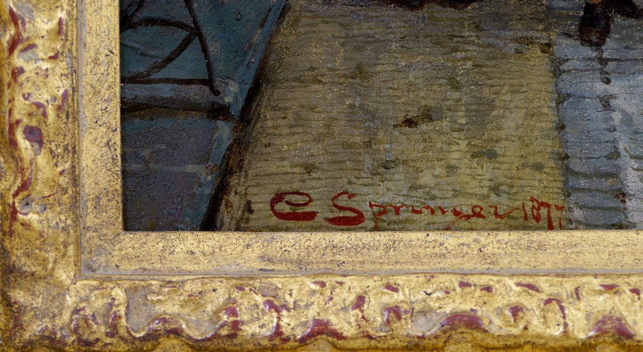 Cornelis Springer signaturen Drukbevolkt straatje 'Binnenveer' in Weesp
