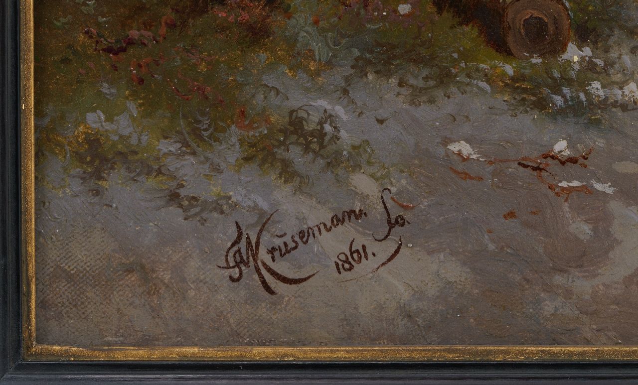 Frederik Marinus Kruseman signaturen Winterlandschap met schaatsers en een 'Koek-en-Zopie'
