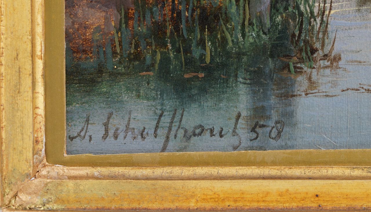 Andreas Schelfhout signaturen Zomers riviergezicht met zeilschepen, een stoomschip in de verte