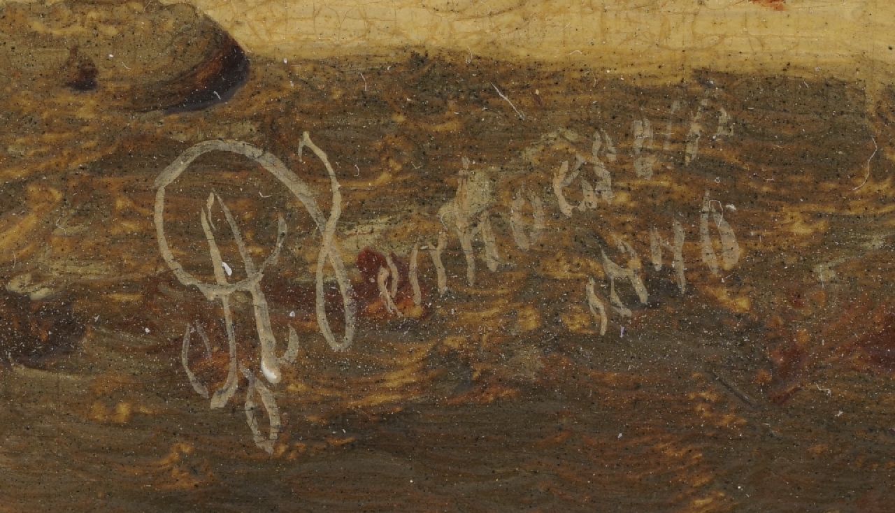 Albertus Verhoesen signaturen Haan, kippen en eenden op een Hollandse rivieroever