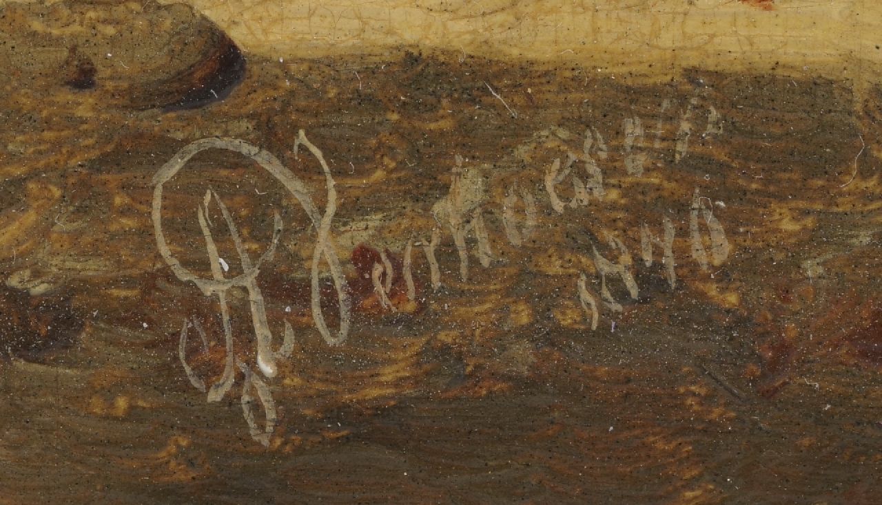 Albertus Verhoesen signaturen Haan, kippen en eenden op een Hollandse rivieroever