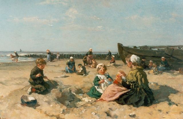 Johannes Evert Akkeringa | Spelende kinderen op het strand, olieverf op doek, 53,0 x 80,0 cm, gesigneerd l.o.