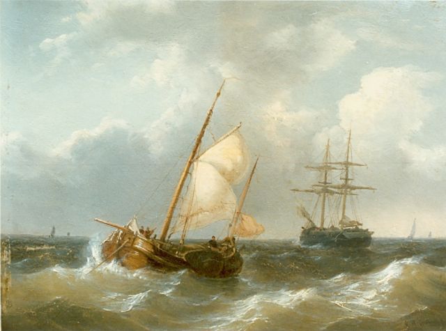 George Willem Opdenhoff | Zeilboten op woelige zee, olieverf op paneel, 20,5 x 28,0 cm, gesigneerd r.o.