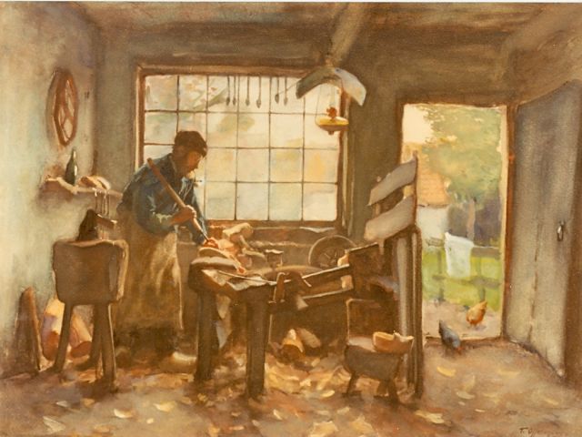 Tony Offermans | De klompenmaker, olieverf op doek, 31,0 x 38,0 cm, gesigneerd r.o.