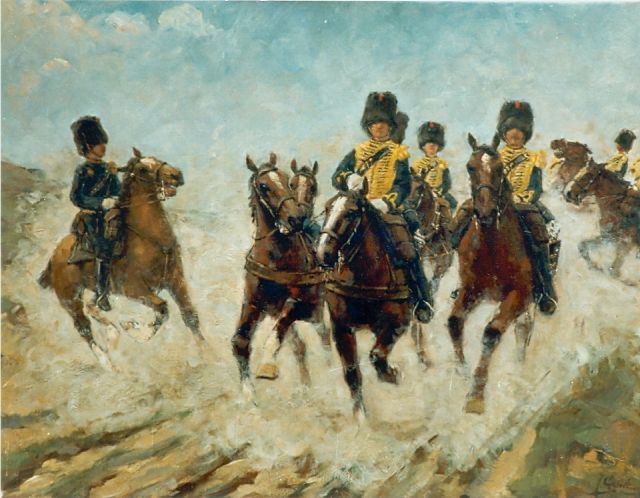 Jacob Hendrik Geerlings | Cavalerie, olieverf op doek, 48,6 x 64,5 cm, gesigneerd r.o.