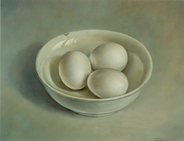 Andras Gombar | Schaaltje met eieren, olieverf op paneel, 25,0 x 30,0 cm, gesigneerd r.o.